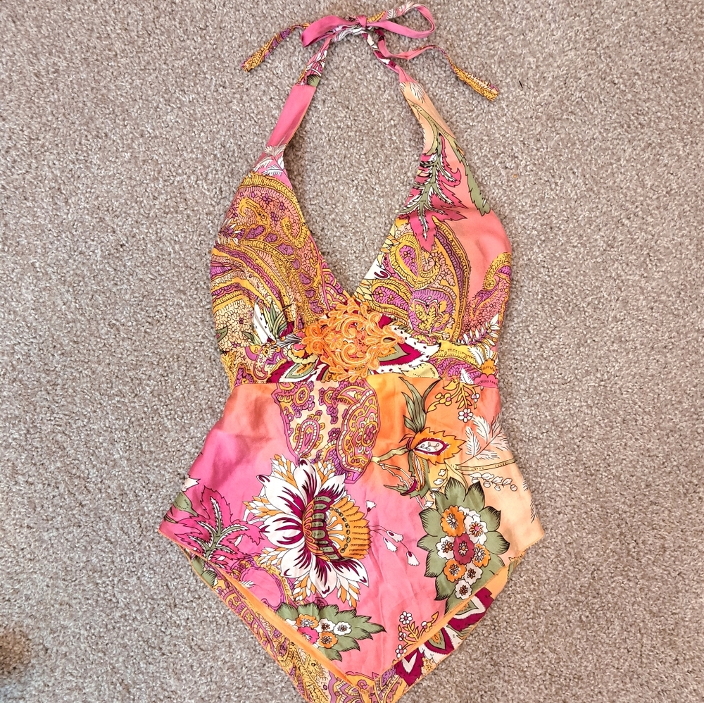 Y2k Vintage Cache Pink and Orange Silk Halter Top with beading and embroidery